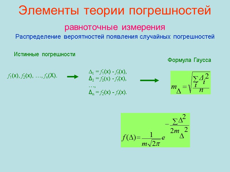 Элементы теории погрешностей равноточные измерения  Распределение вероятностей появления случайных погрешностей Истинные погрешности f1(x),